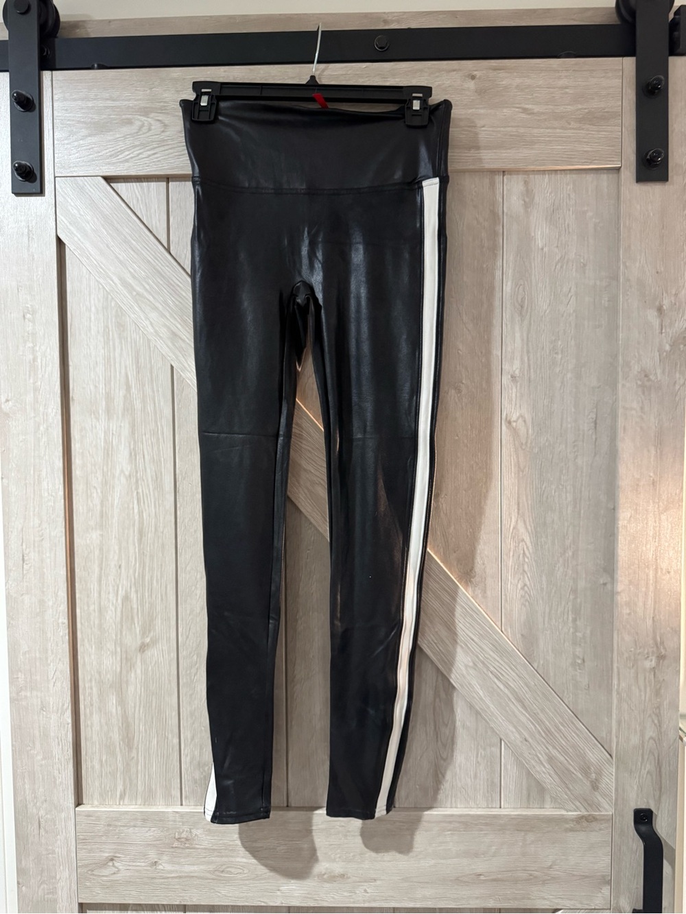 SPANX Black Faux Leather Leggings with White Side Stripe